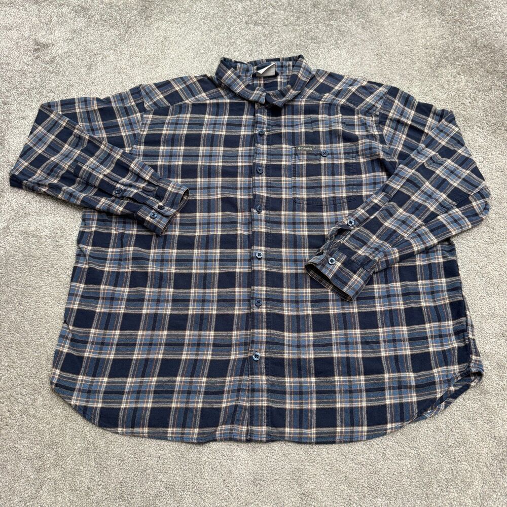 Columbia Cornell Woods Flannel Shirt Mens 2XL Blue Brown Plaid Stretch Cotton